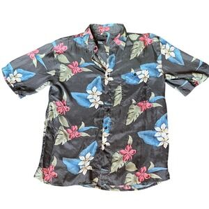 Utopia 90s Vtg Mens Washable Silk Tropical Floral Aloha Shirt Grey Large